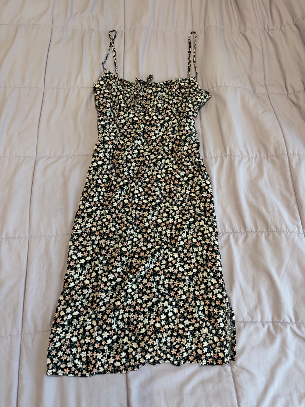 Floral Smocked Cami Midi Dress in Black Large Tie Front